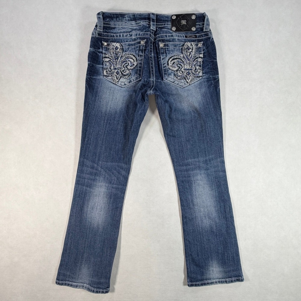 Miss Me Easy Boot Jeans Womens 30x30 Dark Wash Rhinestone Fleur De Lis